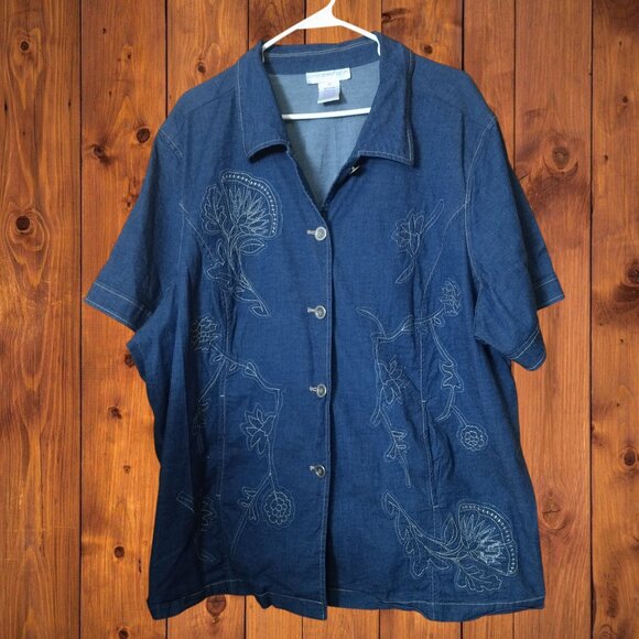 Susan Graver Women's 3X Button Front Embroidered Denim Short Sleeve Blouse - Picture 1 of 5